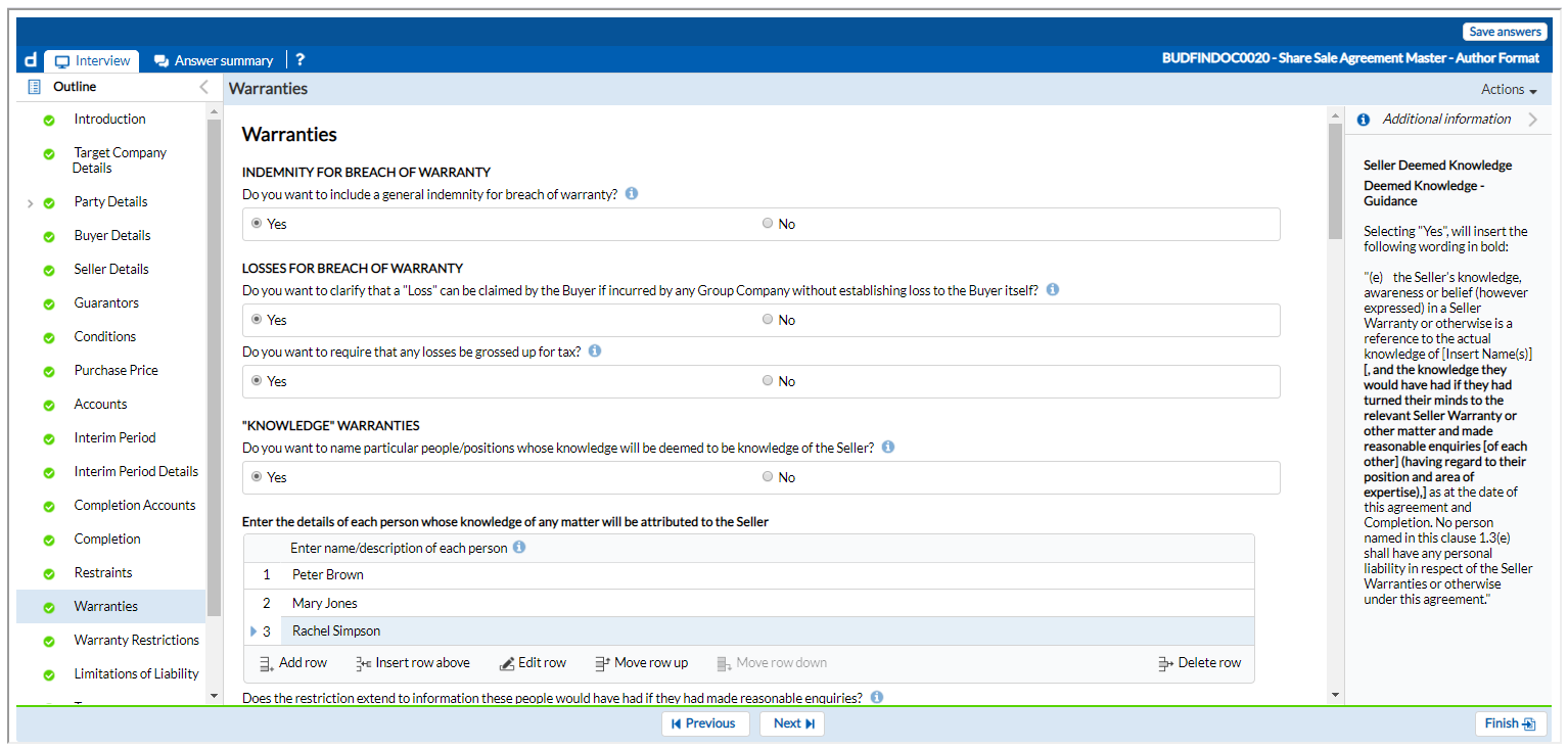 Share Sale Agreement - Warranties Screen